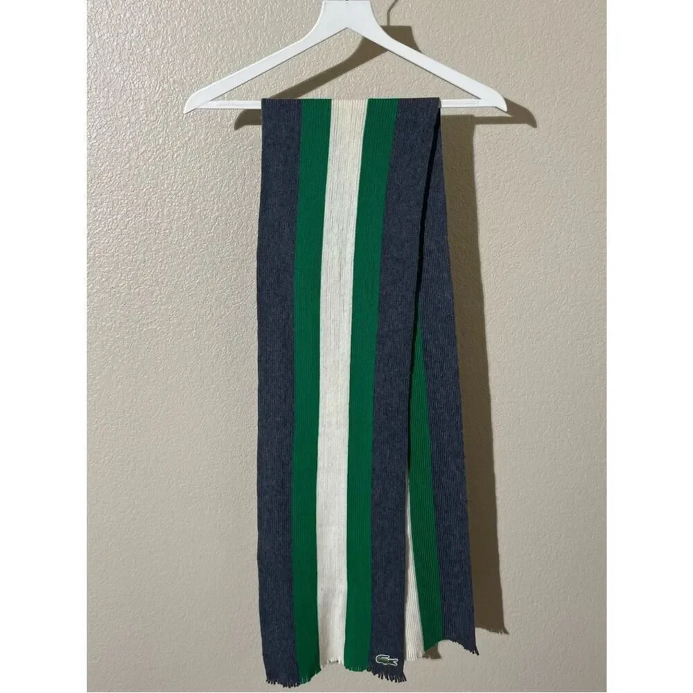 Lacoste Green White and Navy Striped Knit Scarf